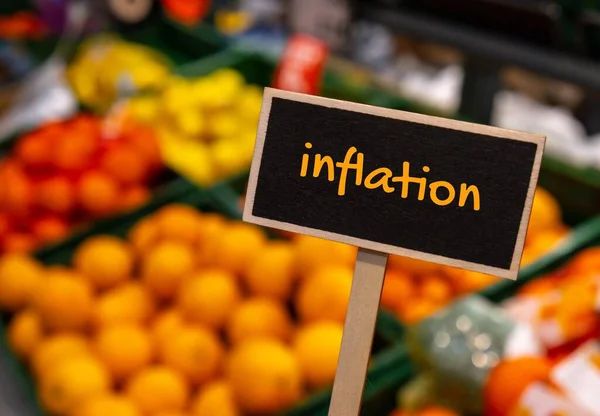Wooden Information Label Sign Text Inflation Defocused Store Shelves Message — Stock fotografie