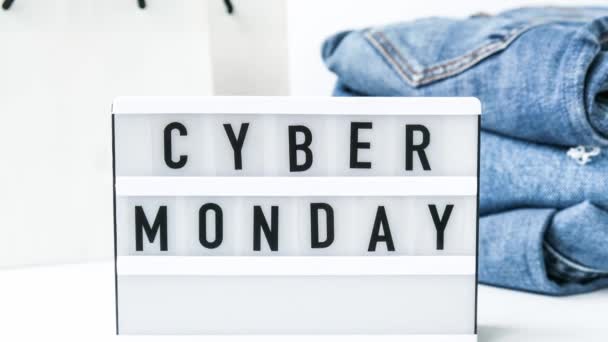 Zoom Out Light Board Text Cyber Monday Paper Shopping Bags — Stock Video