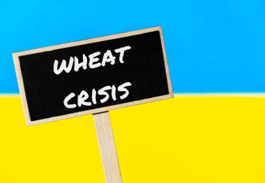 Tahta bilgi etiketi Ukrayna ulusal bayrak mesajına karşı Buğday Krizi yazılı. Küresel açlık, enflasyon, yüksek fiyatlar, artan yaşam giderleri ve yoksulluk, mali kriz, gıda
