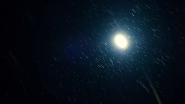 雪の夜の街灯 都市インフラ 都会の公園で孤独な提灯ランプの夜の輝き 夜は住宅街で雪が降る 吹雪の中で市の中庭 焼ける夜の街 — ストック動画