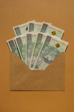 Polonya zloti banknotu, bej arka plan fotokopi alanında zarf içinde para biriktiriyor. Tüketim ve ekonomi para topluyor. Bahşiş. İş, finans, tasarruf, bankacılık ve insan konsepti. Ekstra para