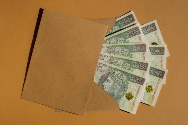 Polonya zloti banknotu, bej arka plan fotokopi alanında zarf içinde para biriktiriyor. Tüketim ve ekonomi para topluyor. Bahşiş. İş, finans, tasarruf, bankacılık ve insan konsepti. Ekstra para