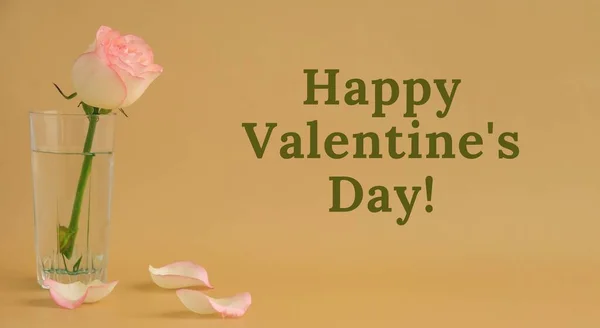 ハッピーバレンタインデーテキストグリーティングカード休日の背景ベージュの背景に繊細なピンクのバラ ミニマルなトレンディーな構成 ロマンチックなパステルピンクのバラの花 近代的な美的 ニュートラルアーストーンポスター バナーサイズ — ストック写真
