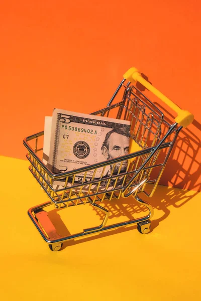 Dollar Papper Valuta Sedel Pengar Shopping Vagn Vagn Färgglada Orange — Stockfoto