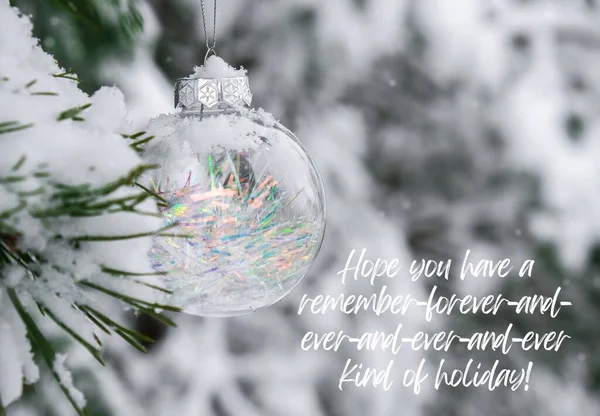 Hope you have a remember-forever-and-ever-and-ever-and-ever kind of holiday Inspiration joke quote phrase Transparent trendy glass Christmas ball on snowy branch firs in winter forest. Winter holiday