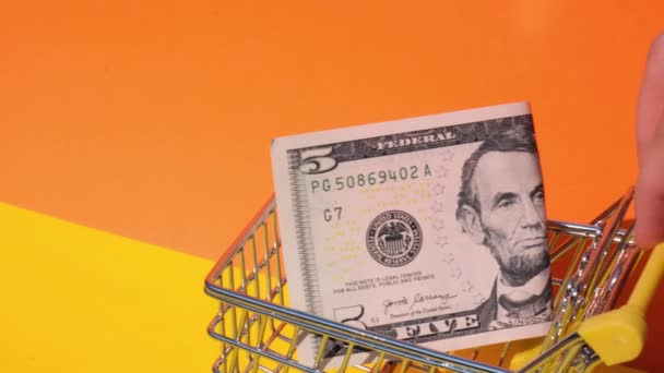 Hand Pushing Toy Supermarket Trolley Dollar Banknote Money Shopping Cart — Stock Video
