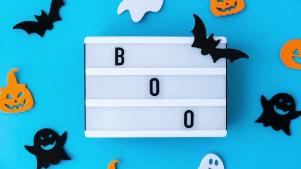 Ingrandisci Lightbox Con Parola Boo Decorazioni Feste Halloween Pipistrelli Ramo — Video Stock