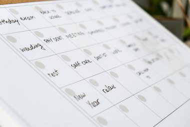 Aylık Planlamacı gelecek ay için randevu ve planlarla dolu. Yoğun bir ay programı var. Ayın günleriyle birlikte manyetik pano. Önemli konuları girebileceğiniz bir yer. İş kavramı