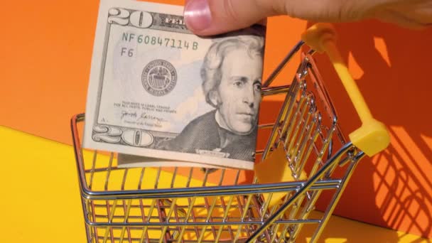 Fügen Sie Dollar Banknote Geld Spielzeug Supermarkt Einkaufswagen Auf Gelbem — Stockvideo