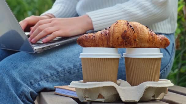 Mujer Joven Trabajando Portátil Parque Beber Café Comer Croissants Estudiante — Vídeos de Stock