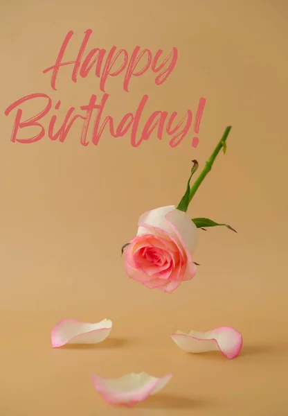 Happy Birthday Tekst Flying Delicate Roze Roos Beige Achtergrond Minimale — Stockfoto