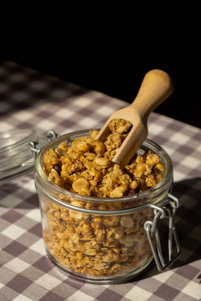Zelfgemaakte Granola Met Noten Zaden Eco Glazen Pot Gezonde Snack — Stockfoto