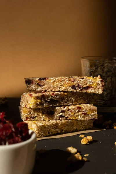 Homemade natural Granola energy bar. Variety of homemade Protein granola breakfast bars with nuts, raisins dried cherries and chocolate. Healthy nutrition eating. Gluten free cereal dieting snack