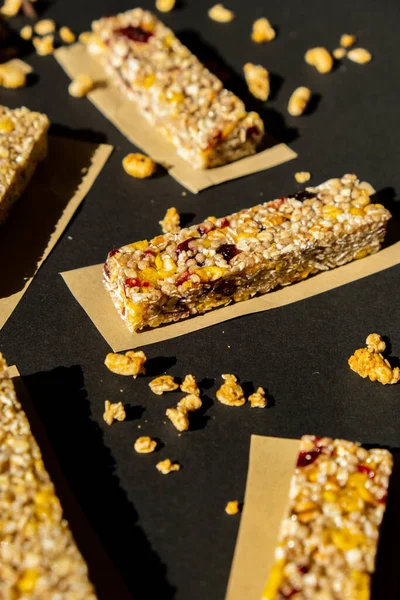Homemade Granola energy bar. Variety of homemade Protein granola breakfast bars, with nuts, raisins dried cherries and chocolate. Healthy nutrition eating. Gluten free cereal dieting snack super food
