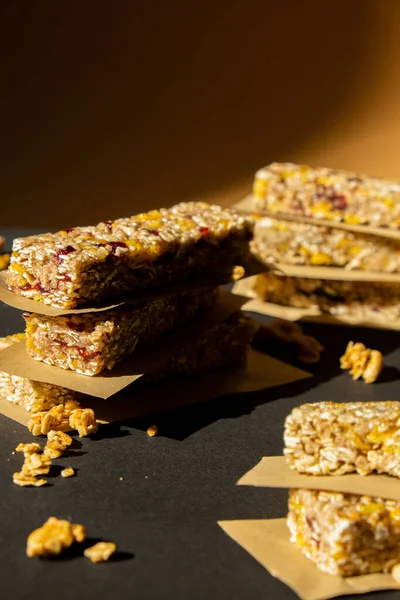 Homemade natural Granola energy bar. Variety of homemade Protein granola breakfast bars, with nuts, raisins dried cherries and chocolate. Healthy nutrition eating. Gluten free cereal dieting snack