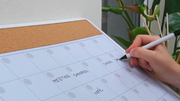 Weibliche Handschrift Mit Filzstift Auf Monthly Planner Gefüllt Mit Terminen — Stockvideo