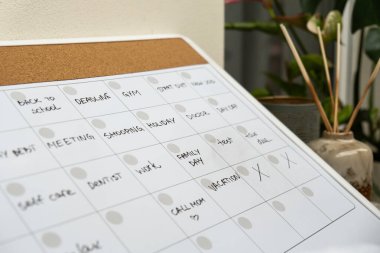 Aylık Planlamacı gelecek ay için randevu ve planlarla dolu. Yoğun bir ay programı var. Ayın günleriyle birlikte manyetik pano. Önemli konuları girebileceğiniz bir yer. İş kavramı