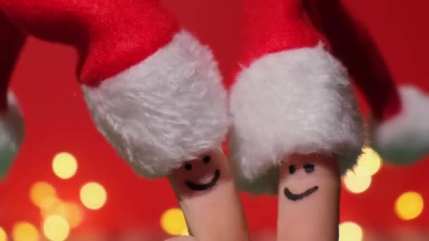 Fingers Dressed Santa Claus Red White Hats Two Happy Finger — Stock Video
