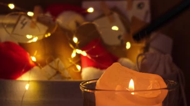 Original Advent Calendar Christmas Homemade Candle Burning Evening Night Time — Stock Video