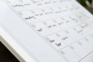 Aylık Planlamacı gelecek ay için randevu ve planlarla dolu. Yoğun bir ay programı var. Ayın günleriyle birlikte manyetik pano. Önemli konuları girebileceğiniz bir yer. İş kavramı