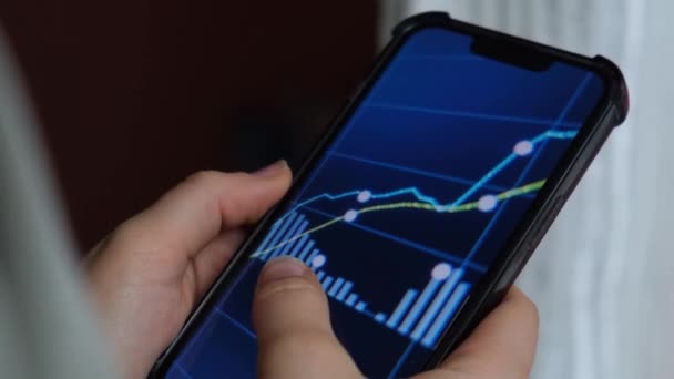 Női Kéz Fogja Telefont Ellenőrzi Tőzsdei Grafikont Kereskedés Befektetés Biztonsági — Stock videók