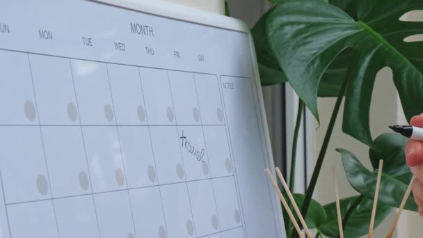 Female Hand Writing Word Meeting Marker Monthly Planner Magnetic Board — Stock Video
