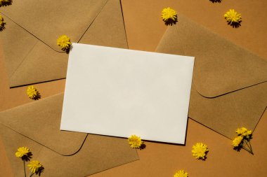 Güzel sarı papatya çiçekleri posta sarı zarfları üzerinde bej arka planda, boş kâğıt fotokopi alanı yazı, bahar zamanı, tatil için tebrik kartı. Çiçek teslimatı