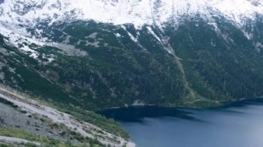 Top view on Tatra National Park, Poland. Aerial view Famous Mountains Lake Morskie Oko Or Sea Eye Lake In autumn. Snow covered mountain peaks on background. Blue water nature landscape 4k