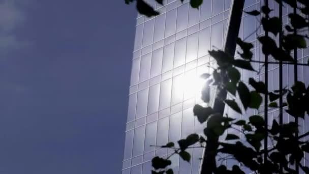 Nowoczesny Budynek Biurowy Przeszkloną Fasadą Tle Nieba Przezroczysta Szklana Ściana — Wideo stockowe
