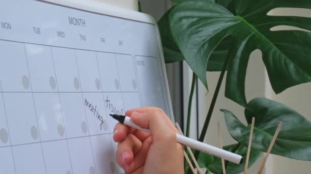 Vrouwelijk Handschrift Woord Reinigen Met Marker Maandelijkse Planner Magneetbord Met — Stockvideo
