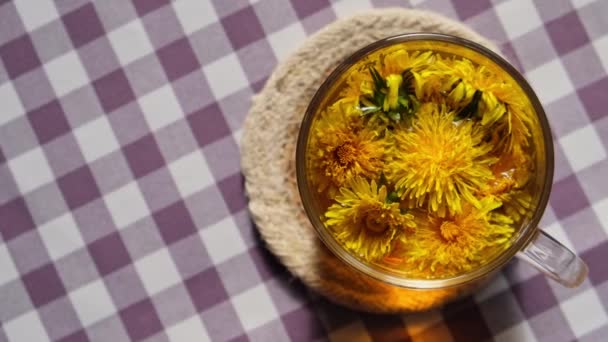 Kwiat Mniszka Lekarskiego Zdrowa Herbata Szklanym Czajniku Szklanej Filiżance Stole — Wideo stockowe