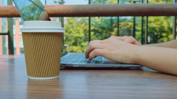 Mujer Joven Irreconocible Trabaja Computadora Portátil Moderna Mesa Madera Patio — Vídeos de Stock