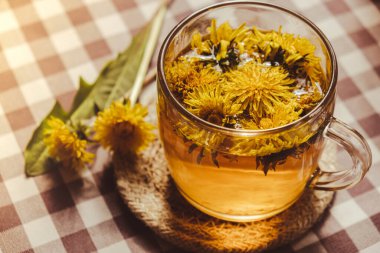 Dandelion flower healthy tea in glass cup on table. Herbal medicine Delicious tisane tea from with fresh yellow blossom dandelion flowers inside tea cup. Green clearing infusion Wildflowers Eco