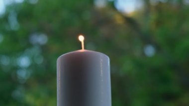 White candle burns candlestick White burning candle with blazing flames. Tongues of fire on green trees background. Home cozy atmosphere Healing reflection stress relief activities Romantic mood