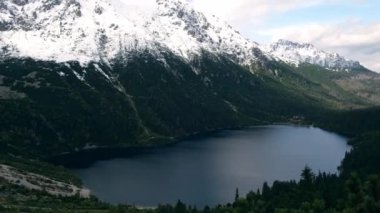 Top view on Tatra National Park, Poland. Aerial view Famous Mountains Lake Morskie Oko Or Sea Eye Lake In autumn. Snow covered mountain peaks on background. Blue water nature landscape 4k