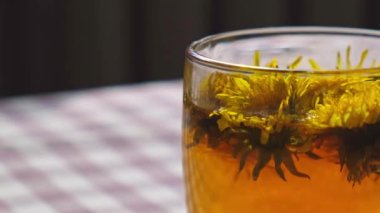 Karahindiba çiçeği cam çaydanlıkta sağlıklı çay ve masada cam bardak. Bahçe yakınlarındaki yaz gününde taze karahindiba çiçeklerinden dökülen lezzetli bitkisel çay. Yeşil açıklık Sıcak karahindiba çayı