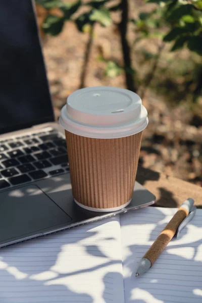 Take away coffee in craft recycling paper cup with paper notebook and laptop. Freelancer\'s place of work. Study and work online. Remote business education. View webinar. E-learning Workstation on wooden bench. Mockup Coffee break. Making plans for ne