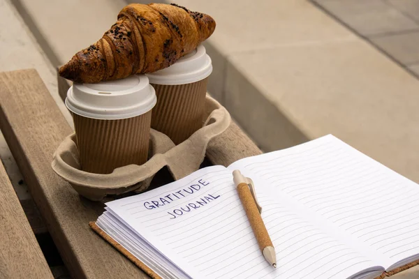 Writing Gratitude Journal on wooden bench. Coffee and croissants morning routine. Today I am grateful for. Self discovery journal, self reflection creative writing, self growth personal development concept. Self care wellbeing spiritual health, being