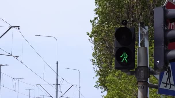 Green Traffic Light Green Red Direction Light Soft Blue Sky — Vídeo de Stock