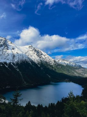 Morskie Oko lake Snowy Mountain Hut in Polish Tatry mountains, Zakopane, Poland. Beautiful green hills and mountains in dark clouds and reflection on the lake Morskie Oko lake. Travel tourist destination