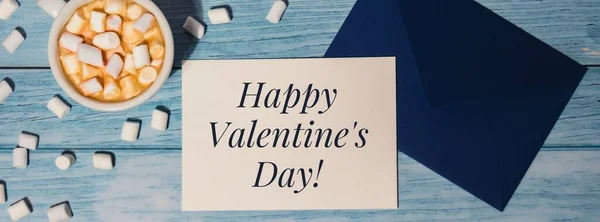 Happy Valentines Day Text Banner Blue Envelope White Cup Coffee — ストック写真