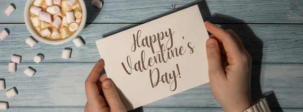 Happy Valentines Day Text Banner Female Hands Holding Greeting Card — Φωτογραφία Αρχείου