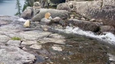 Polonya Tatry dağlarındaki Morskie Oko Gölü Karlı Dağ Kulübesi, Zakopane, Polonya. Güzel yeşil tepeler ve kara bulutlar içindeki dağlar ve Morskie Oko Gölü 'nün yansıması. Seyahat eden turist