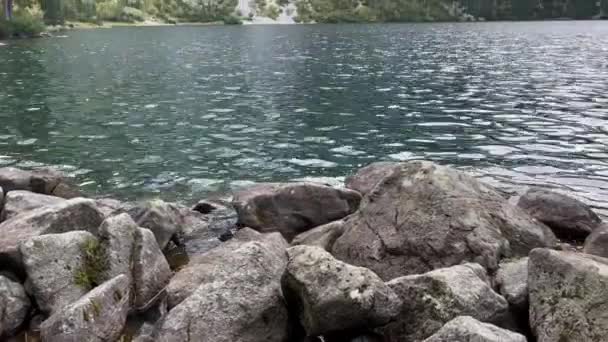 モルスキー オコ湖ポーランドのザコパネにあるスノーマウンテン ハット 暗い雲の中で美しい緑の丘や山々や湖Morsky Oko湖の反射 旅行観光 — ストック動画