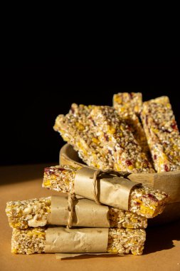 Homemade natural Granola energy bar. Variety of homemade Protein granola breakfast bars with nuts, raisins dried cherries and chocolate. Healthy nutrition eating. Gluten free cereal dieting snack