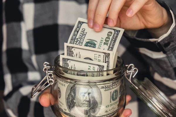 Dollar Banknote Saving Money Glass Jar Unrecognizable Woman Moderate Consumption — Stock fotografie