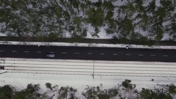 Car Driving Aerial View Road Winter Time Road Surrounded Forest — 图库视频影像