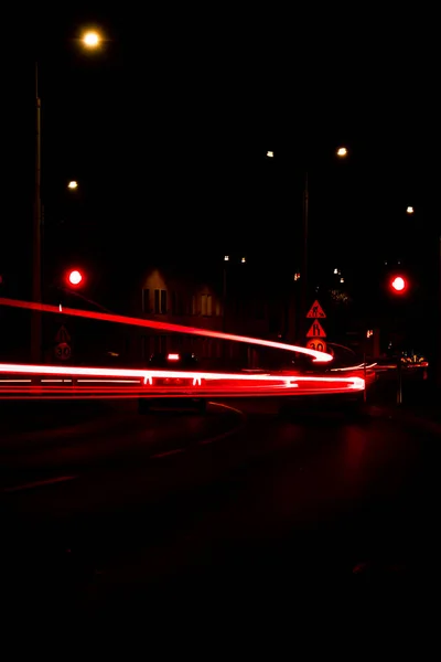 Luces Coches Por Noche Luces Calle Ciudad Autopista Nocturna Larga — Foto de Stock