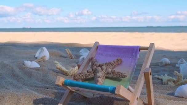 Slunečná Dovolená Pláži Písečnými Hračkami Plážové Doplňky Mušlemi Mořskou Hvězdou — Stock video