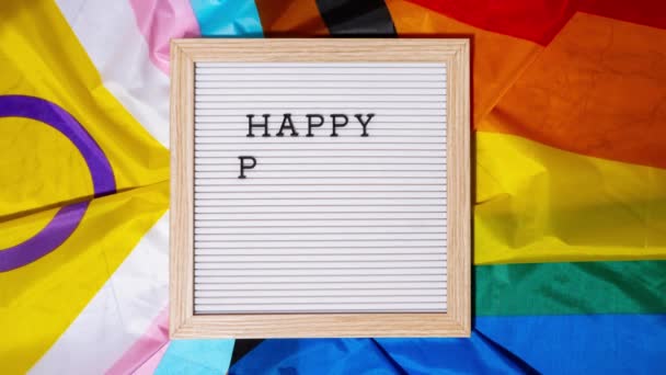 Stoppa Rörelse Happy Pride Month Ram Regnbåge Hbtq Flagga Tillverkad — Stockvideo